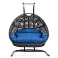 Leisuremod Wicker Hanging Double Egg Swing Chair with Blue Cushions EKDCH-57BU